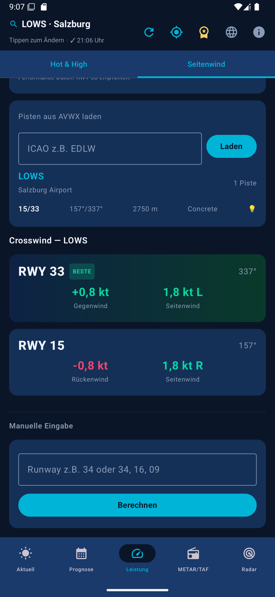 Crosswind-Rechner mit Pistenempfehlung