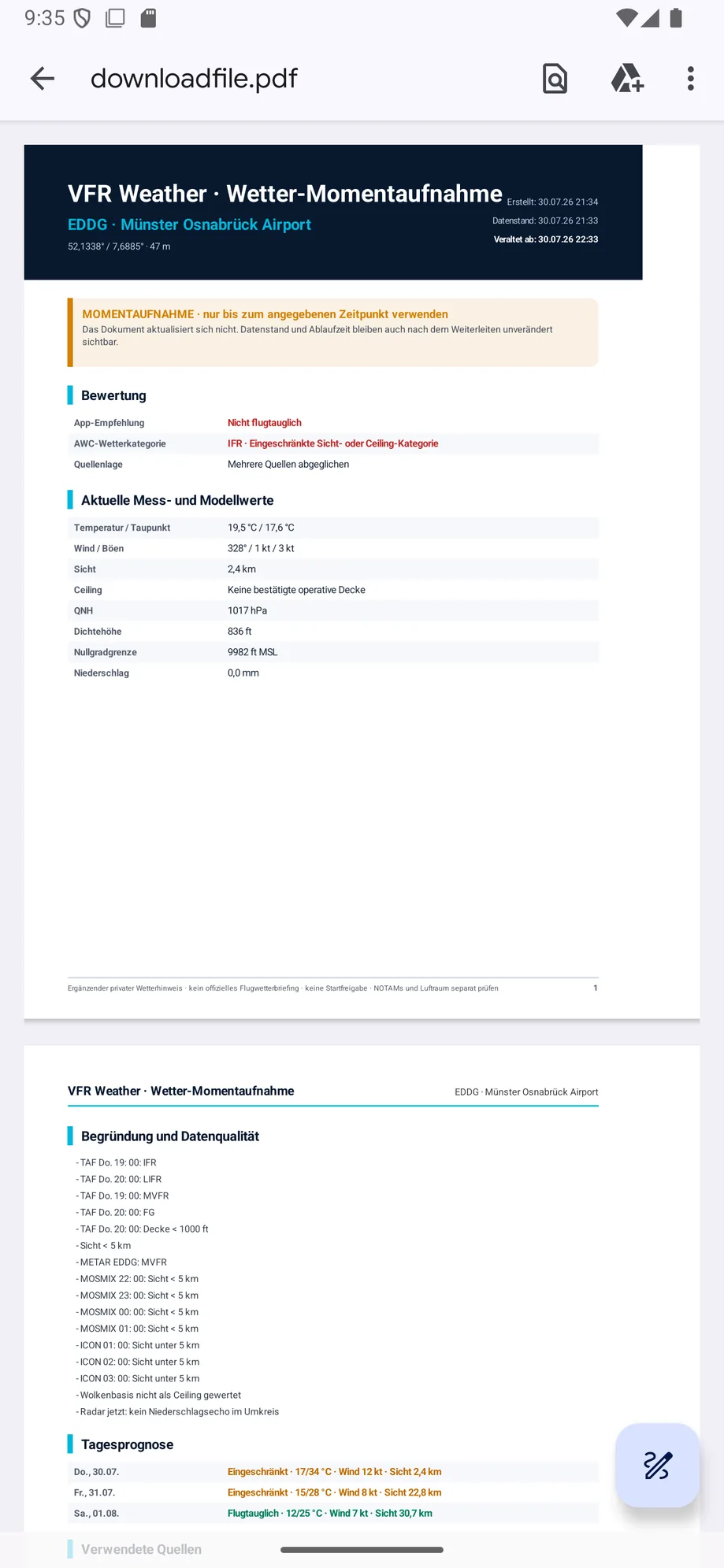 Beispielseite des VFR-Wetter-Briefing-PDF