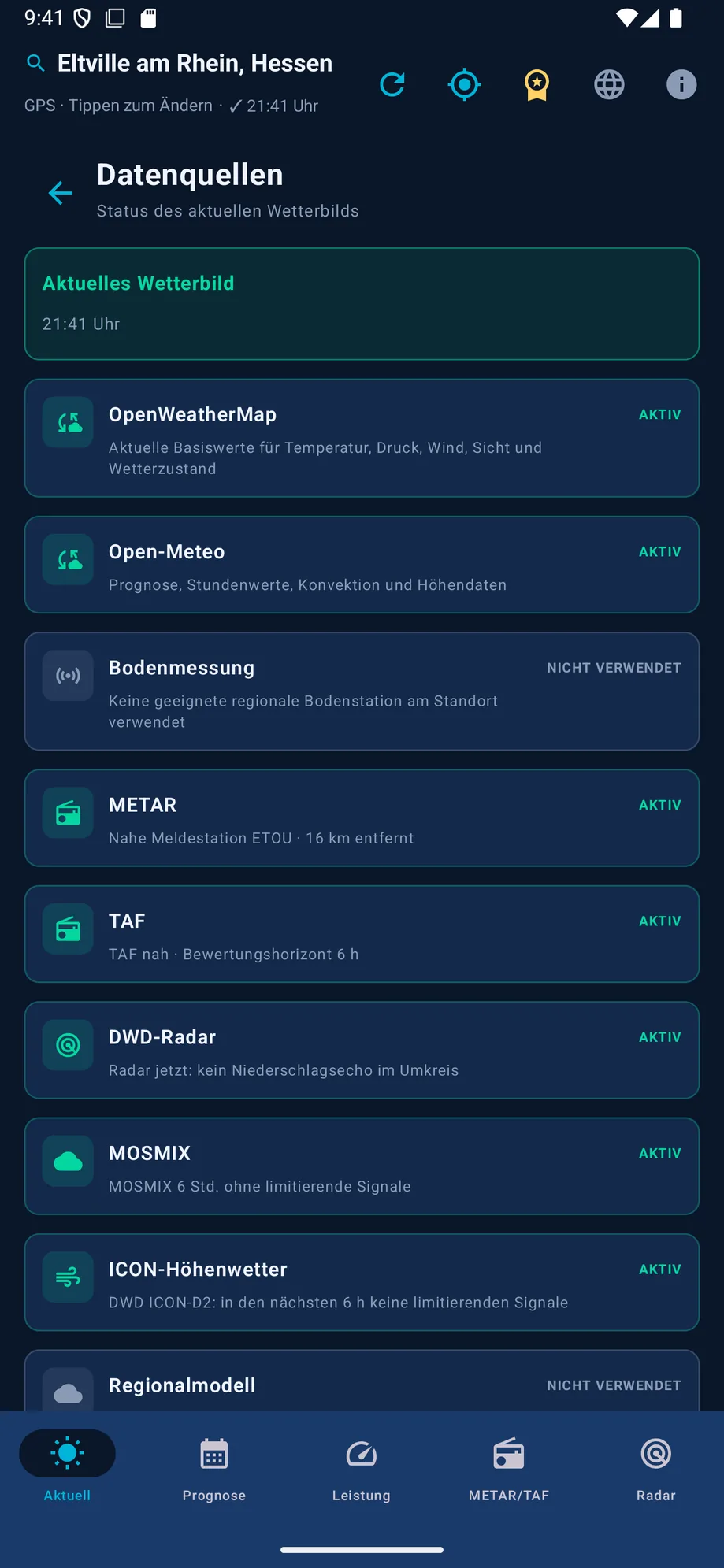 Datenquellen-Statusseite mit aktiven Quellen