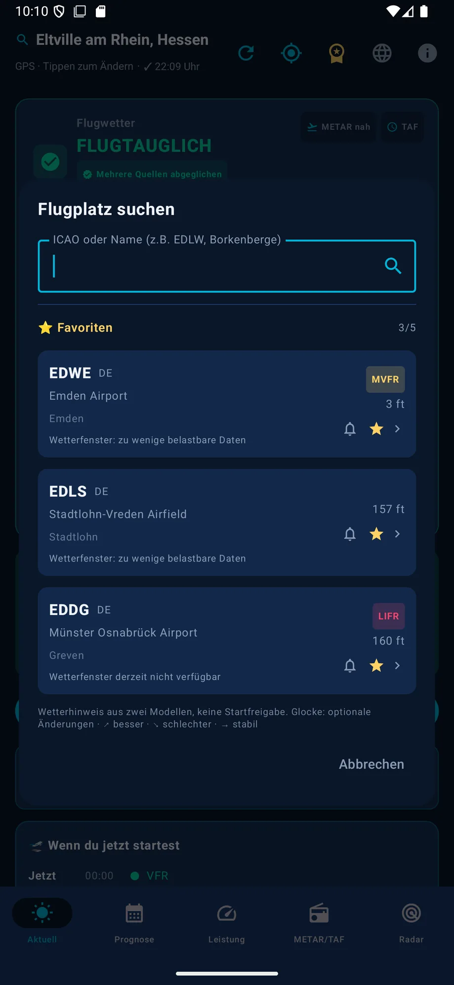 Favoritenliste im Suchdialog mit Live-Flugkategorie und Flugfenster-Hinweis